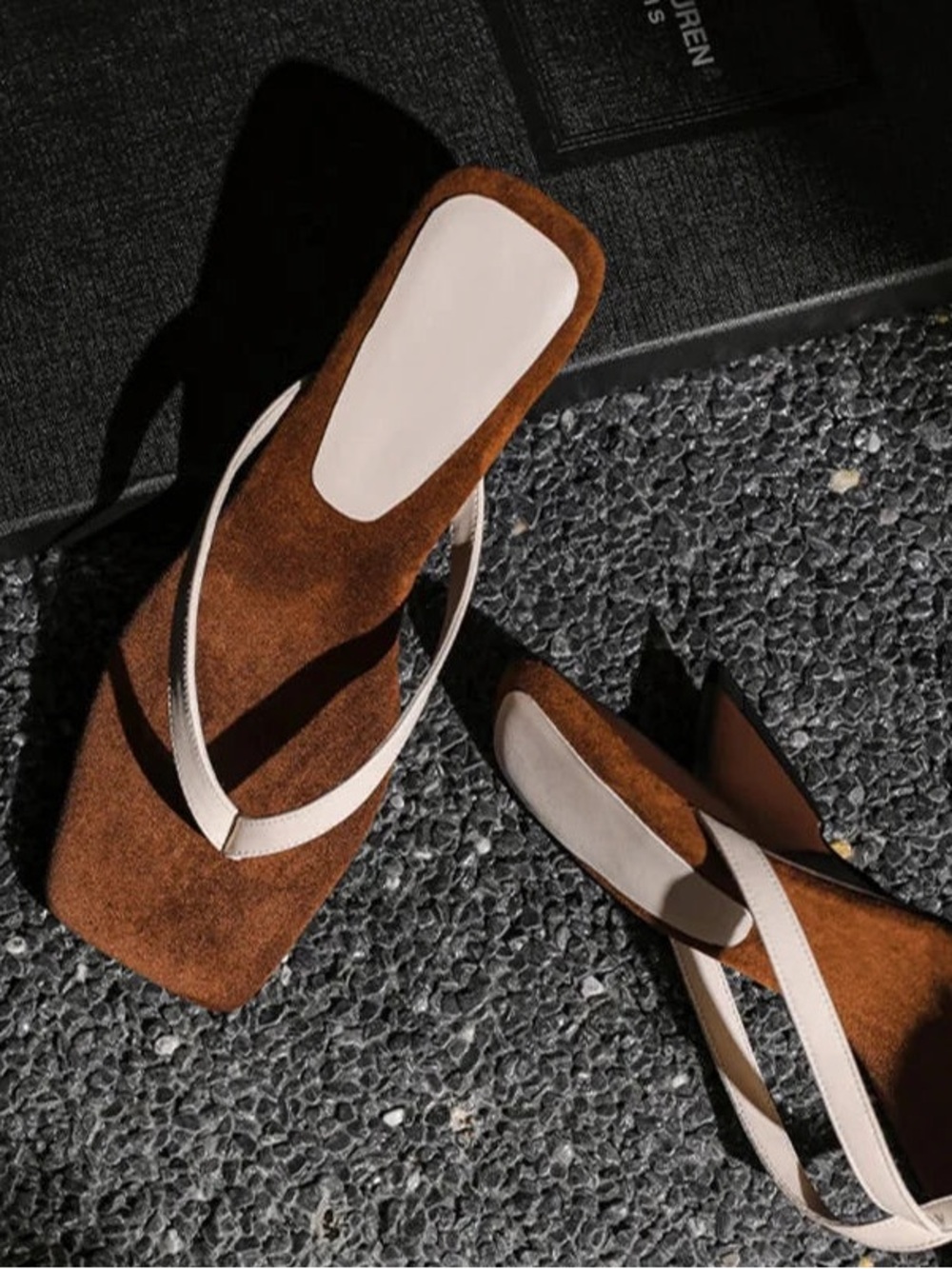 Brown Suede Square-Toe Slide Sandals with Cream Straps